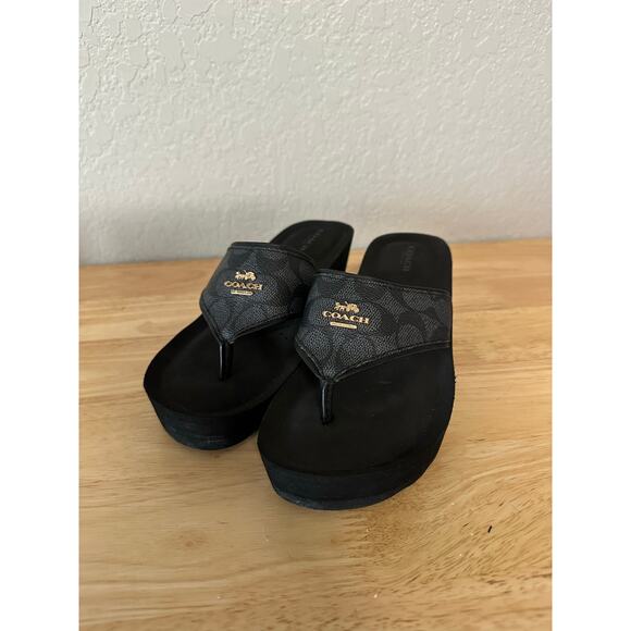 Coach Shoes - Coach Janice Women 7.5B Black Signature Slip-On Wedge Sandals Preppy Resort Trip